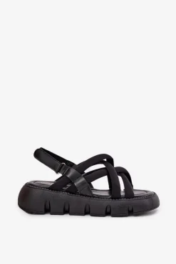 Sandały Damskie Na Platformie Z Paskami Czarne Filamira
