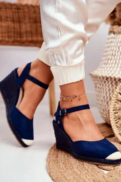 Sandały Damskie Na Plecionej Koturnie Big Star Granatowe DD274A172