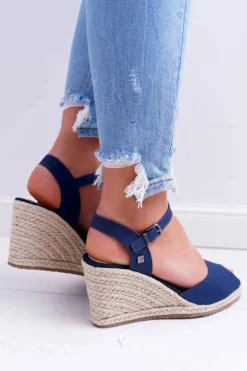 Sandały Damskie Na Plecionej Koturnie Big Star Granatowe DD274A212