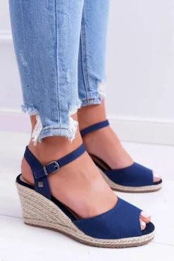 Sandały Damskie Na Plecionej Koturnie Big Star Granatowe DD274A212