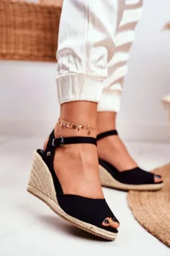 Sandały Damskie Na Plecionej Koturnie Big Star Czarne DD274A209