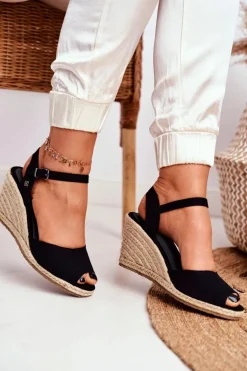 Sandały Damskie Na Plecionej Koturnie Big Star Czarne DD274A209