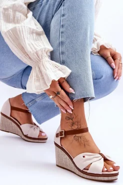 Sandały Damskie Na Plecionym Koturnie Beżowe Judith