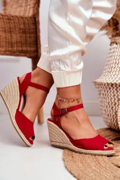 Sandały Damskie Na Plecionej Koturnie Big Star Czerwone DD274A213