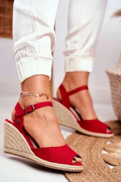 Sandały Damskie Na Plecionej Koturnie Big Star Czerwone DD274A213