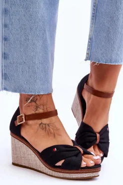Sandały Damskie Na Plecionym Koturnie Czarne Judith