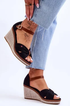 Sandały Damskie Na Plecionym Koturnie Czarne Judith