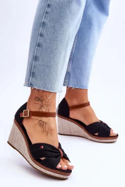 Sandały Damskie Na Plecionym Koturnie Czarne Judith