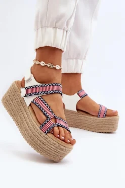 Sandały Damskie Na Plecionej Masywnej Podeszwie Białe Luminea