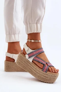 Sandały Damskie Na Plecionej Masywnej Podeszwie Białe Luminea