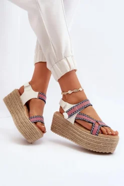 Sandały Damskie Na Plecionej Masywnej Podeszwie Białe Luminea