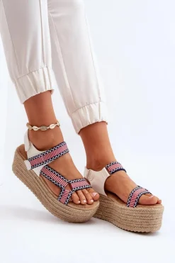 Sandały Damskie Na Plecionej Masywnej Podeszwie Białe Luminea