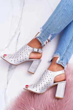 Sandały Damskie Na Słupku Ażurowe z Dżetami Srebrne Hendrix