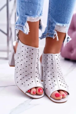 Sandały Damskie Na Słupku Ażurowe z Dżetami Srebrne Hendrix