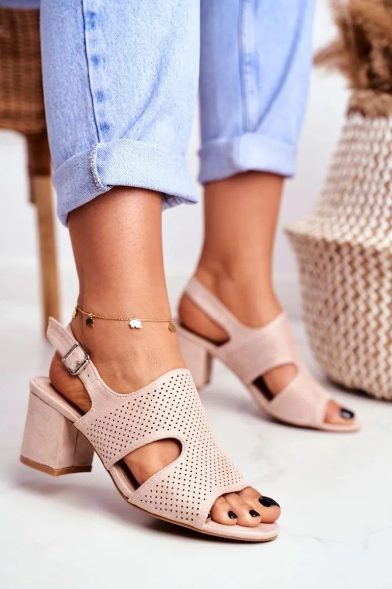 Sandały Damskie Na Słupku Ażurowe Beżowe Valery