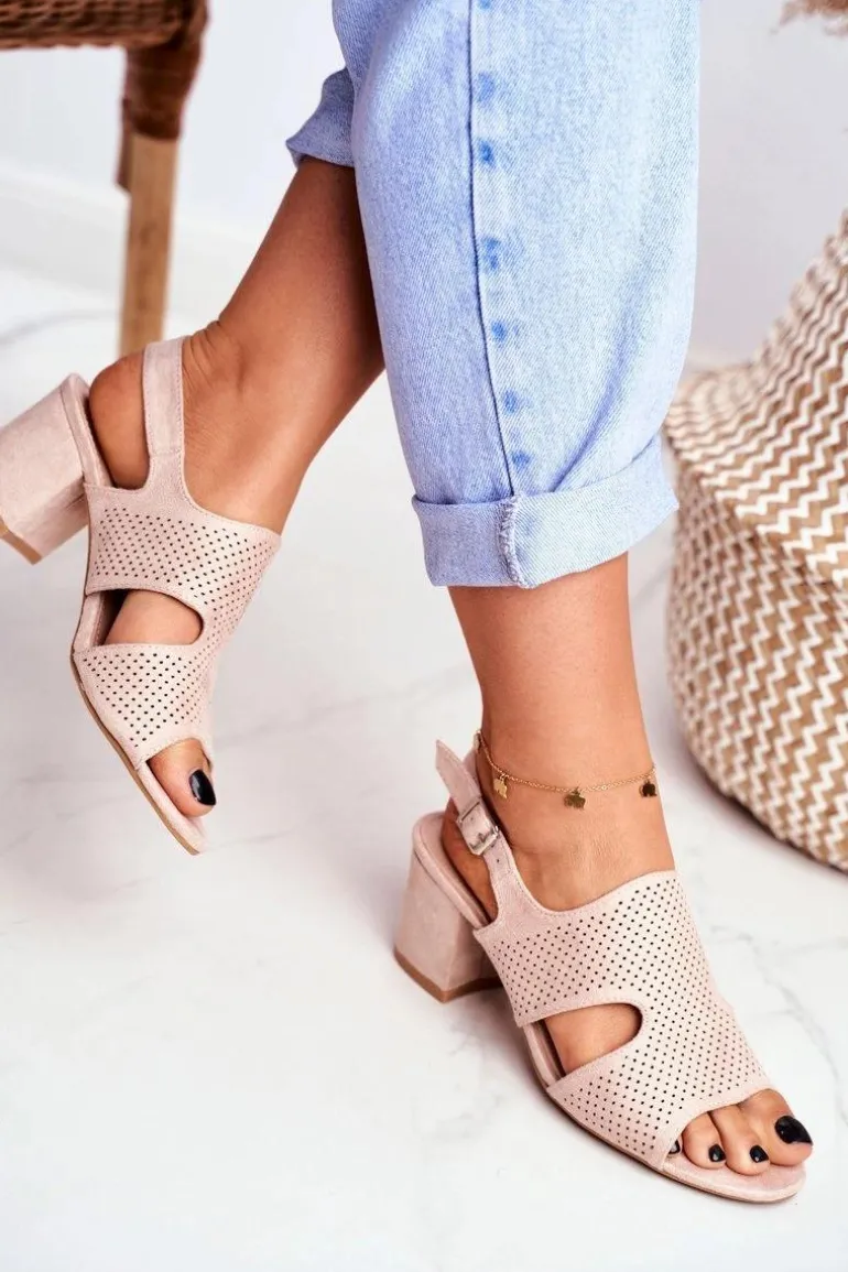 Sandały Damskie Na Słupku Ażurowe Beżowe Valery