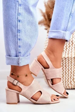 Sandały Damskie Na Słupku Ażurowe Beżowe Valery