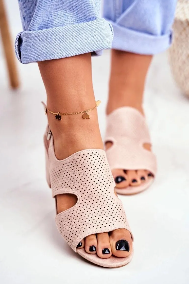 Sandały Damskie Na Słupku Ażurowe Beżowe Valery