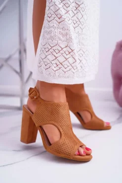 Sandały Damskie Na Słupku Ażurowe Zamszowe Camel HiBaby