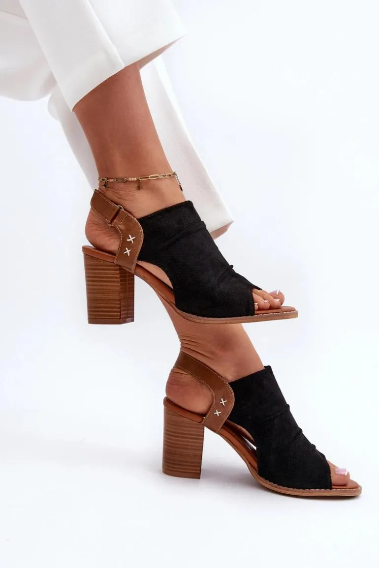 Sandały Damskie Na Słupku Ażurowe Czarne Rosca