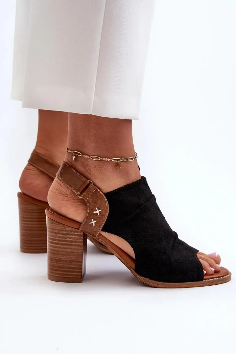 Sandały Damskie Na Słupku Ażurowe Czarne Rosca