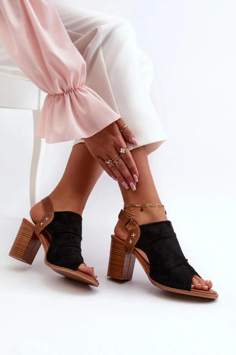 Sandały Damskie Na Słupku Ażurowe Czarne Rosca