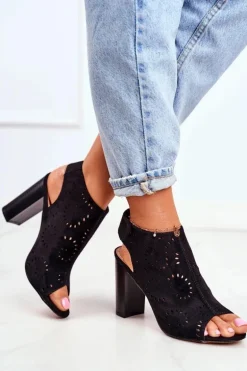 Sandały Damskie Na Słupku Ażurowe Na Rzep Czarne Rules