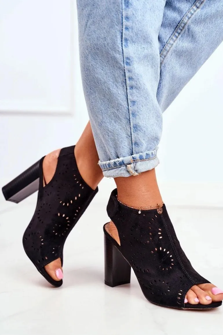 Sandały Damskie Na Słupku Ażurowe Na Rzep Czarne Rules