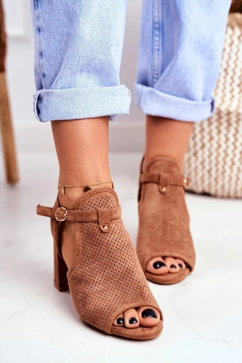 Sandały Damskie Na Słupku Ażurowe Brązowe Kira