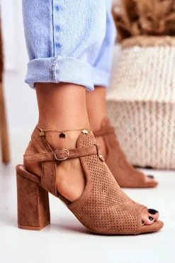 Sandały Damskie Na Słupku Ażurowe Brązowe Kira