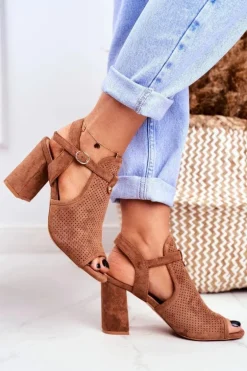 Sandały Damskie Na Słupku Ażurowe Brązowe Kira
