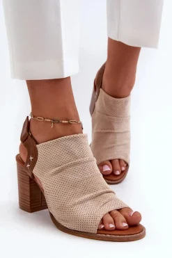 Sandały Damskie Na Słupku Ażurowe Beżowe Rosca