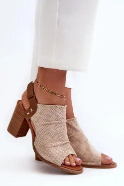 Sandały Damskie Na Słupku Ażurowe Beżowe Rosca