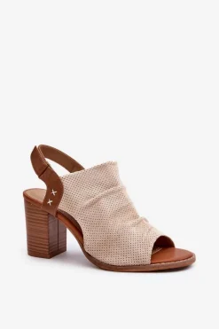 Sandały Damskie Na Słupku Ażurowe Beżowe Rosca