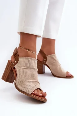 Sandały Damskie Na Słupku Ażurowe Beżowe Rosca