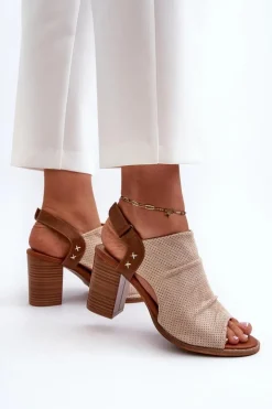 Sandały Damskie Na Słupku Ażurowe Beżowe Rosca