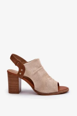 Sandały Damskie Na Słupku Ażurowe Beżowe Rosca