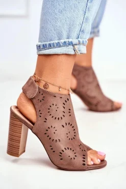 Sandały Damskie Na Słupku Ażurowe Na Rzep Khaki Rules