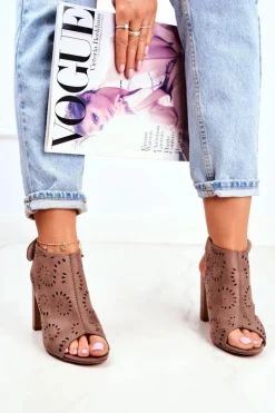 Sandały Damskie Na Słupku Ażurowe Na Rzep Khaki Rules
