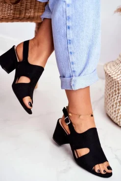 Sandały Damskie Na Słupku Ażurowe Czarne Valery