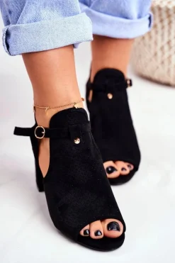 Sandały Damskie Na Słupku Ażurowe Czarne Kira