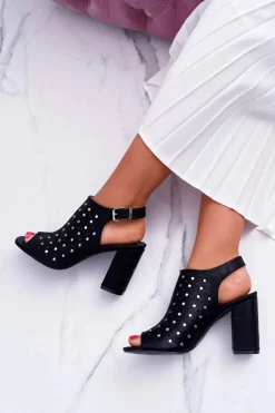 Sandały Damskie Na Słupku Ażurowe z Dżetami Czarne Hendrix