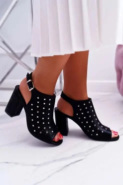 Sandały Damskie Na Słupku Ażurowe z Dżetami Czarne Hendrix