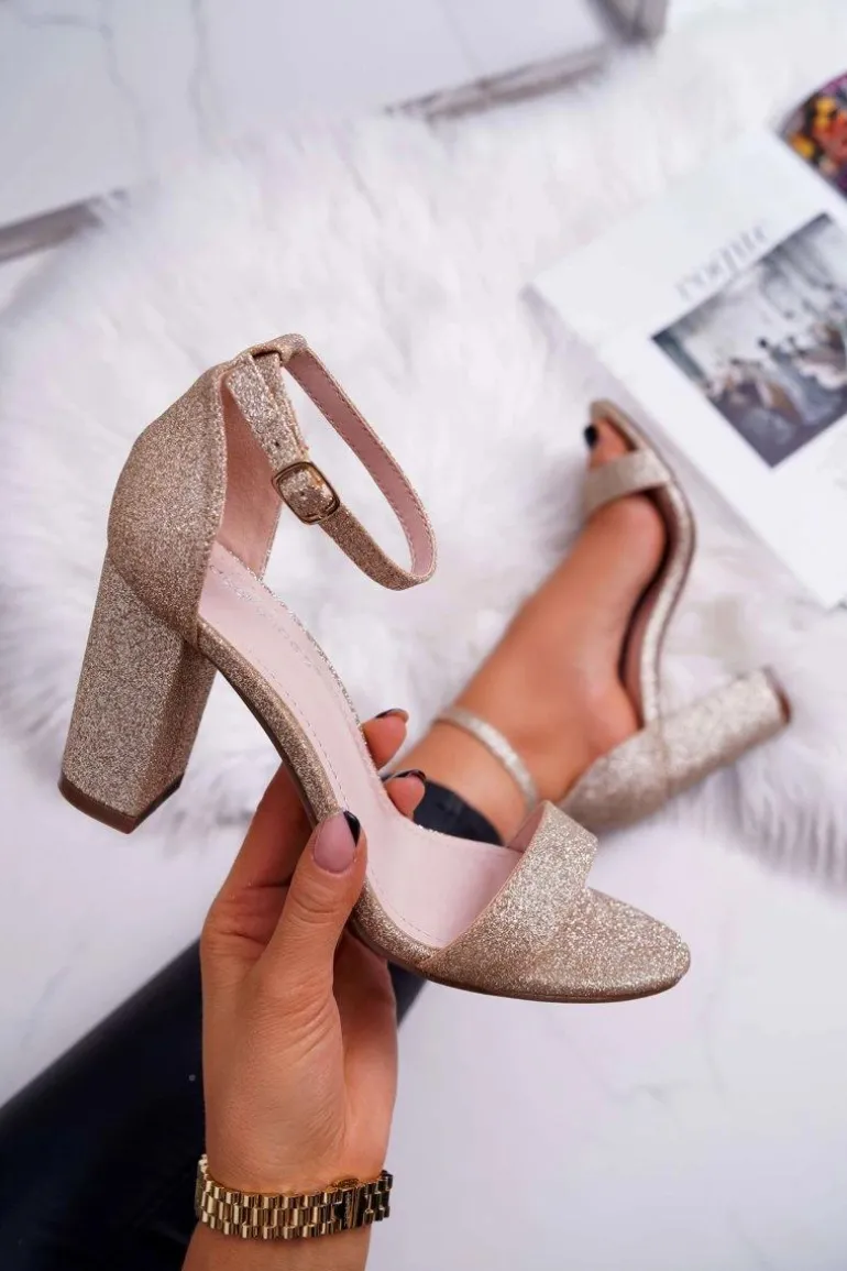 Sandały Damskie Na Słupku Brokatowe Złote Berglat