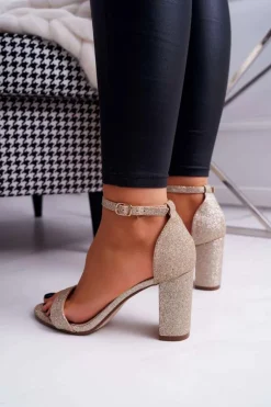 Sandały Damskie Na Słupku Brokatowe Złote Berglat