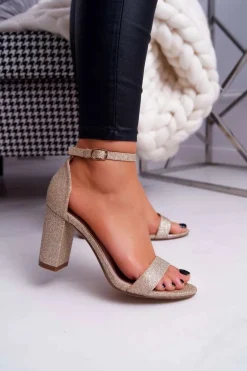 Sandały Damskie Na Słupku Brokatowe Złote Berglat