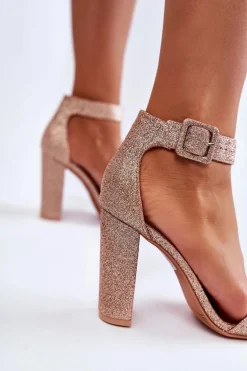 Sandały Damskie Na Słupku Brokat Złote Joalice