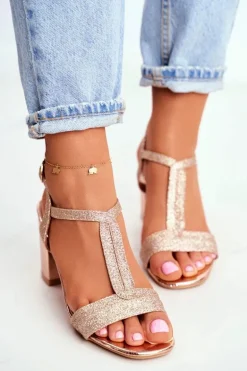 Sandały Damskie Na Słupku Brokatowe Champagne Perfecto