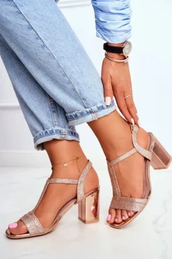 Sandały Damskie Na Słupku Brokatowe Champagne Perfecto