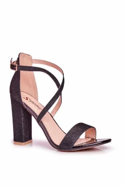 Sandały Damskie Na Słupku Brokatowe Czarne Vivi